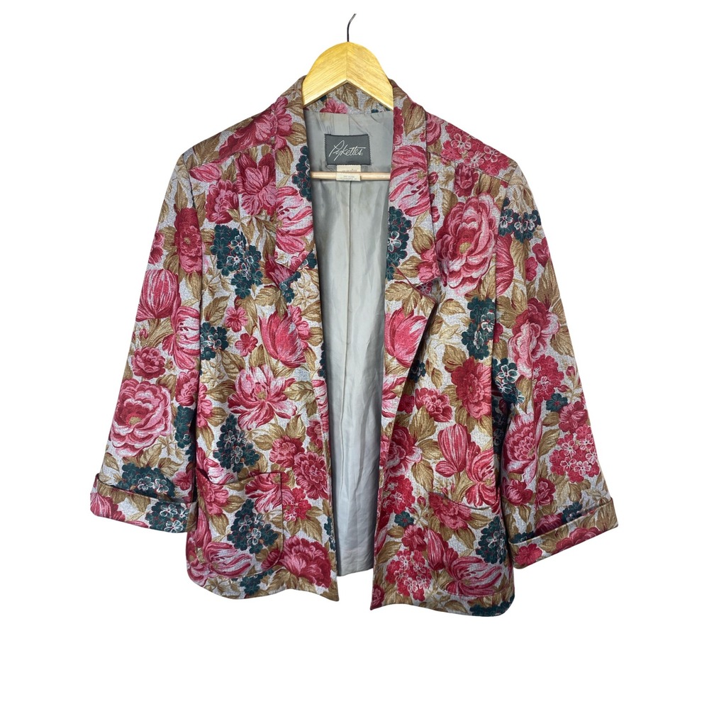 Vintage Pykettes Floral Blazer Jacket Red Pink Tapestry Print USA Size 38 Large